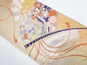 扇に御所車・草花模様織り出し 袋帯